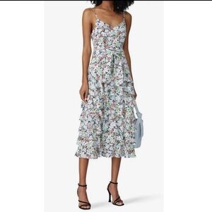 Likely Ariella Jungle Ruffle Tiered Floral Multicolor Strap midi Dress Size 2